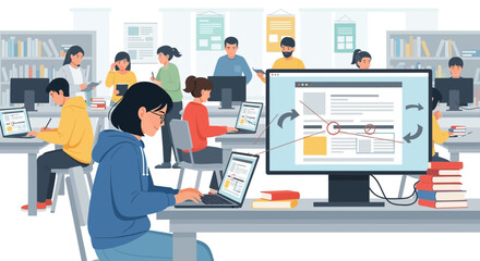 Students engaged in online learning, utilizing digital tools in a classroom environment