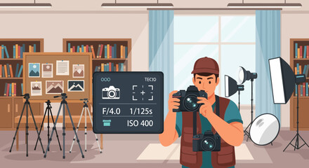 Illustrative depiction of a photographer in studio showcasing essential camera settings
