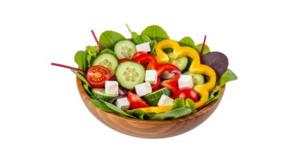 Nutritious delight colorful salad served in wooden bowl ideal for healthy recipes and culinary presentations