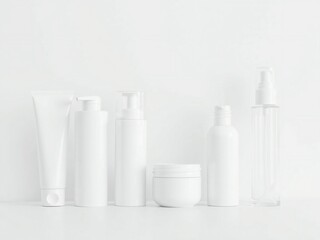 Minimalist arrangement of white cosmetic bottles and jars on a clean white background