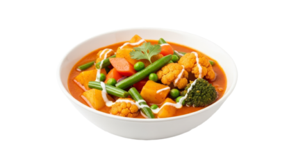 Delicious vegetable curry with a coconut cream swirl served in a white bowl on a white background showing the healthy meal