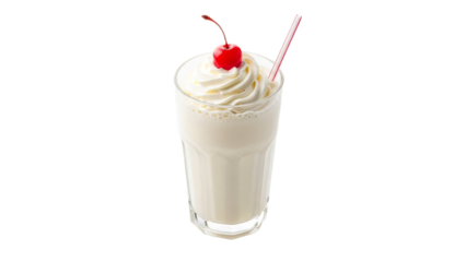 Creamy indulgence: Vanilla milkshake adorned with whipped cream and a vibrant cherry delight for a sweet treat classic