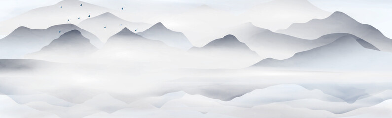 Fototapeta premium Art background featuring mountains and birds in a foggy sky in a modern, minimalist style with a watercolor texture. Landscape natural banner for decor, wallpaper, packaging, prints, and interior.