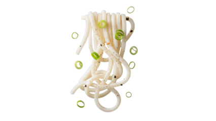 Elevated culinary art featuring noodles garnished with fresh green scallions against a pristine white backdrop for sophisticated dining experiences