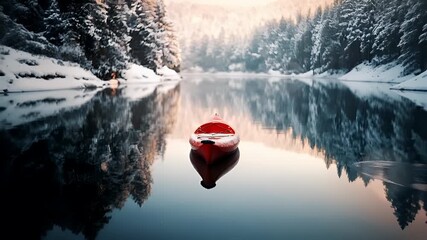 A tranquil winter scene featuring a red kayak on a calm lake surrounded by snowcovered trees. The lakes surface reflects the surrounding trees, creating a serene atmosphere. The sky is clear.