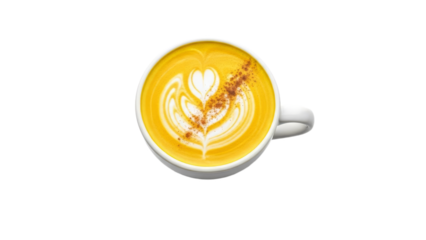 Golden turmeric latte art in a white mug on a white background enhances the visual appeal and evokes a sense of warmth and well being