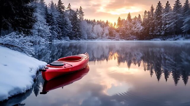 red kayak on calm lake during winter season with snowcovered trees and reflection in waterred canoe on frozen riverbank during sunset.