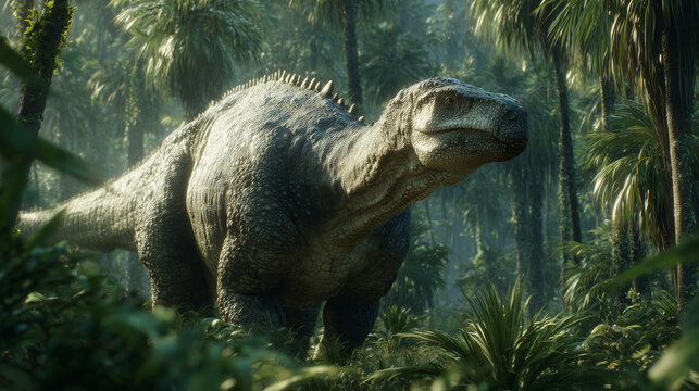 A calm Iguanodon standing in its prehistoric natural habitat, surrounded by lush vegetation. Ancient dinosaur scene showing peaceful behavior, realistic environment, and primeval atmosphere.