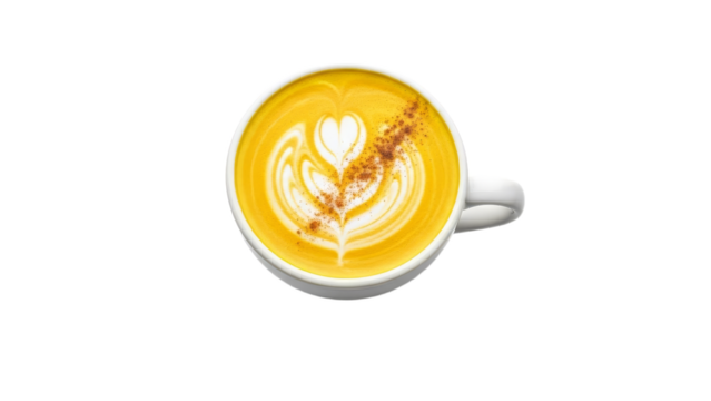 Golden turmeric latte art in a white mug on a white background enhances the visual appeal and evokes a sense of warmth and well being
