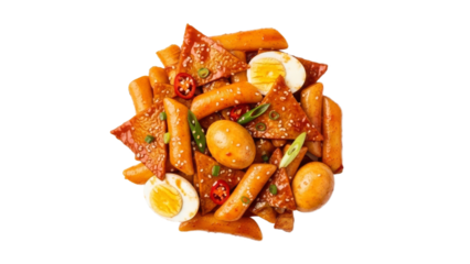 Spicy Tteokbokki Delight: Korean Rice Cakes in Gochujang Sauce with Eggs and Garnish deliciousness served on a vibrant display of flavors and