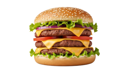 A culinary masterpiece: Triple cheeseburger delight on a clean backdrop for food enthusiasts and creative projects seeking visually appealing imagery