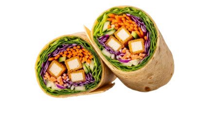 Vibrant vegan tofu wraps with fresh vegetables, offering a healthy and appetizing meal choice, perfect for a nutritious lunch or snack option