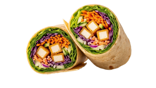 Vibrant vegan tofu wraps with fresh vegetables, offering a healthy and appetizing meal choice, perfect for a nutritious lunch or snack option