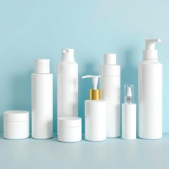 Collection of clean white cosmetic bottles and jars arranged on a light blue background