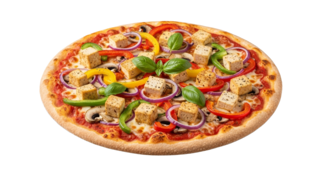Delicious vegan pizza with tofu, colorful bell peppers, mushrooms and red onions offering a healthy and ethical dining choice that is both tempting