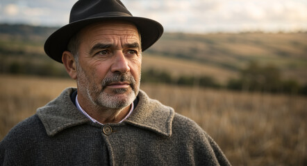 Portrait of a senior Portuguese shepherd wearing a traditional hat and wool coat. Elderly farmer standing in a rural field at sunset