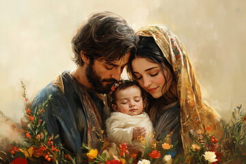 Virgin Mary, Saint Joseph, and baby Jesus. Religious painting of Holy family in field flowers