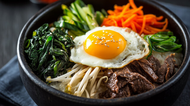 Close up of a bowl of bibimbap featuring mixed vegetables, rice, and toppings with vibrant colors and rich textures. Traditional Korean cuisine concept, fresh, healthy, and appetizing.
