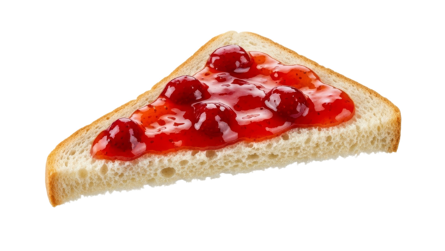 Sweet breakfast concept: Fresh bread slice topped with luscious red cherry jam showcasing a delightful morning meal idea isolated on white background