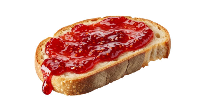 Slice of golden toast lavishly adorned with vibrant red strawberry preserve creating a tasty visual harmony
