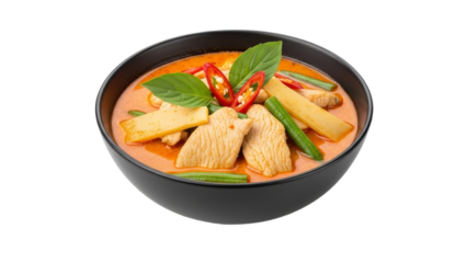 Aromatic Red Curry Dish Displaying Traditional Thai Cuisine in a Black Bowl, Appealing and Colorful, Isolated