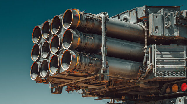 Close up view of multiple rocket launcher tubes on military vehicle, showing cylindrical structure and metal details. Modern defense equipment concept with industrial and tactical visual style.