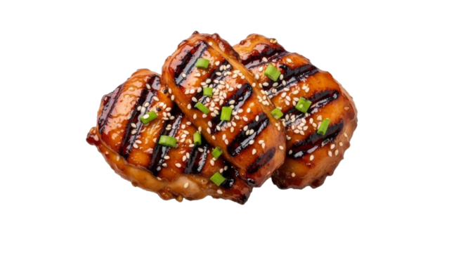 Delicious teriyaki glazed chicken breasts adorned with sesame seeds and scallions isolated on white background evoking culinary delight