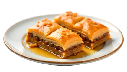 A plate featuring two pieces of baklava, a popular Arabic dessert enjoyed during Ramadan and Eid al-Fitr