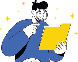 Man examining document with magnifying glass illustration, detailed file inspection concept, research analysis, data review, audit verification in modern flat style