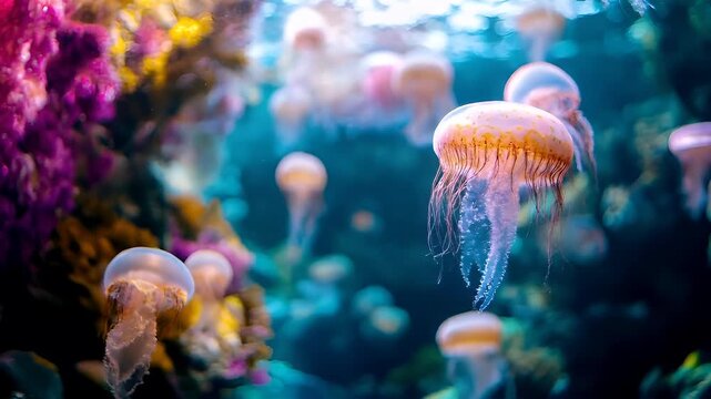 A vivid underwater scene featuring jellyfish and coral formations. The main subject is a translucent jellyfish with a pinkish hue and white spots, swimming gracefully in the water.