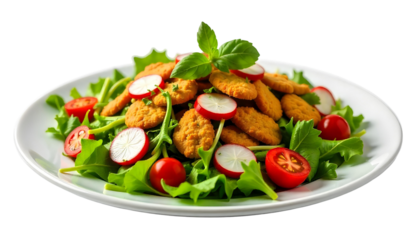 A transparent background highlights a plate of Fattoush vegetables, perfect for a healthy meal during Ramadan