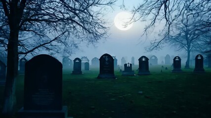 Moonlit cemetery with bare trees silent rows of weathered gravestones under foggy blue sky low mist swirling bare branches framing luminous moon moody atmospheric shot for horror remembrance - Powered by Adobe