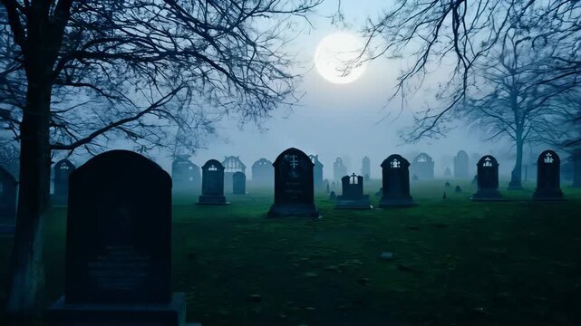 Moonlit cemetery with bare trees silent rows of weathered gravestones under foggy blue sky low mist swirling bare branches framing luminous moon moody atmospheric shot for horror remembrance