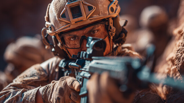 Modern soldier aiming rifle in desert terrain under harsh sunlight. Military concept showing tactical readiness, combat training, armed forces operation, and defense scenario.