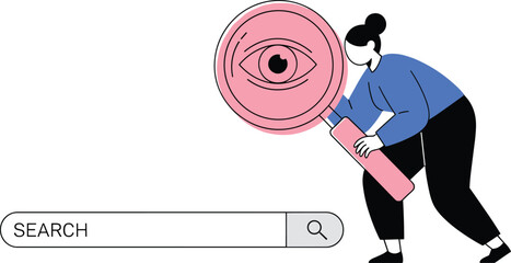 Woman using large magnifying glass to search information, eye symbol in lens, modern search bar illustration, online research and discovery concept