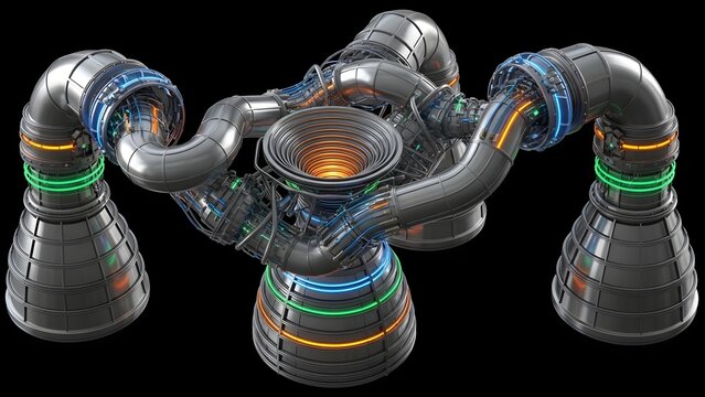 Intricate futuristic mechanical alien creature with glowing blue green and orange lights on a dark background