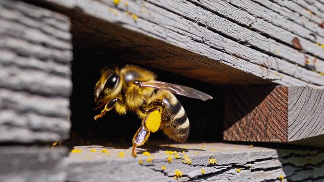 detailed macro shot of bees at hive entrance transporting pollen through sunlight and blurred