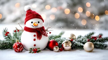 Winter holiday celebration concept. Christmas New Year. A festive snowman with a red hat and scarf stands amidst a snowy landscape. The snowman is adorned with red baubles and a golden bell.