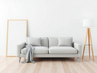 Fototapeta premium Modern living room with white sofa and wooden floor lamp