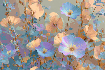 A watercolor painting of pale orange and blue poppies in bloom amidst subtle foliage