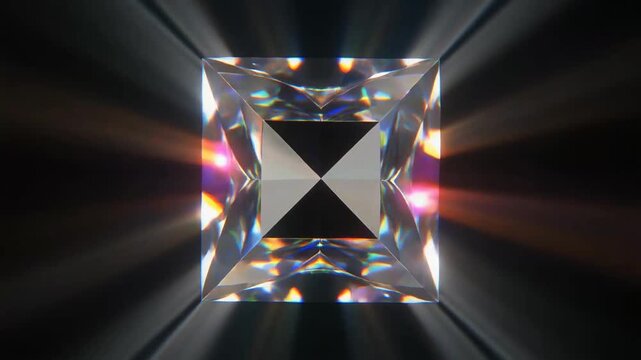 Close-up of a princess cut diamond with light refraction and internal reflections.