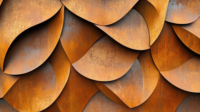 A 3D rendered abstract pattern with smooth, wavy, or scale-like shapes. The texture resembles weathered corten steel or rustic wood, creating a unique backdrop.
