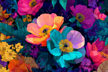 Fototapeta premium Vibrant floral explosion with bold pink turquoise orange and yellow blossoms against a dark background