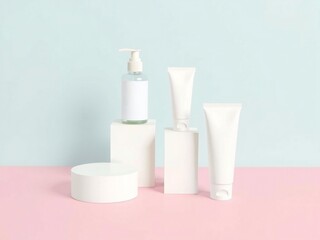 Minimalist arrangement of white skincare products on pastel colored blocks