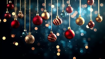 Winter holiday celebration concept. Christmas New Year. Christmas ornaments floating in the air against a dark blue background with bokeh lights. - Powered by Adobe