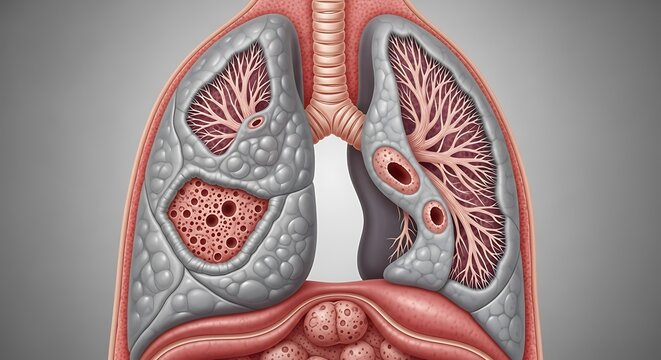 Detailed anatomical illustration of human lungs and trachea showcasing internal structures