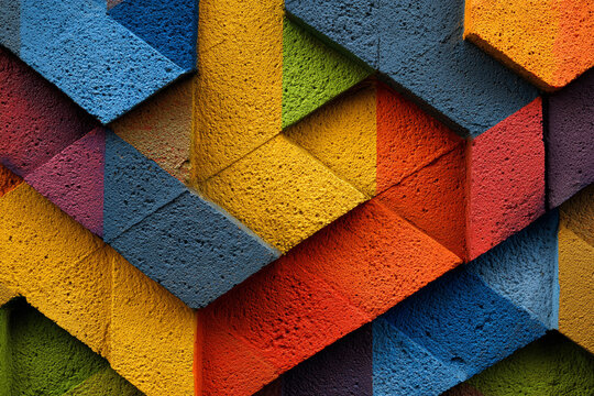 Abstract geometric background with intersecting textured blocks in a vibrant rainbow gradient of colors