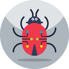Stylized Red Insect with Blue and Yellow Dots on Transparent Background with Gray Circular Overlay and Shadow Represents Technology and Bugs