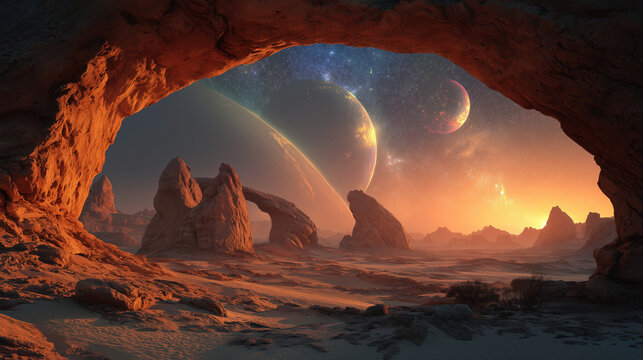 Surreal alien desert landscape featuring massive natural stone arches under a dramatic sky, evoking otherworldly exploration and futuristic sci-fi atmosphere.