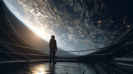 An astronaut standing inside a futuristic spaceship, gazing out a large window into deep space. Sci-fi atmosphere with cosmic light and exploration mood.